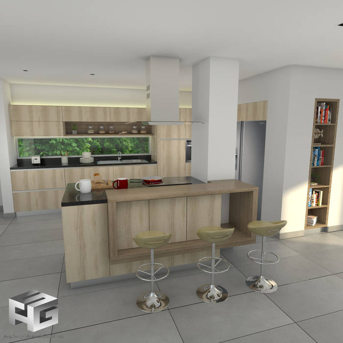 cocina con RH Rovere y RH miel de Tablemac y accesorios y herrajes de Madecentro, sergio augusto arevalo gutierrez sergio augusto arevalo gutierrez Built-in kitchens چپس بورڈ