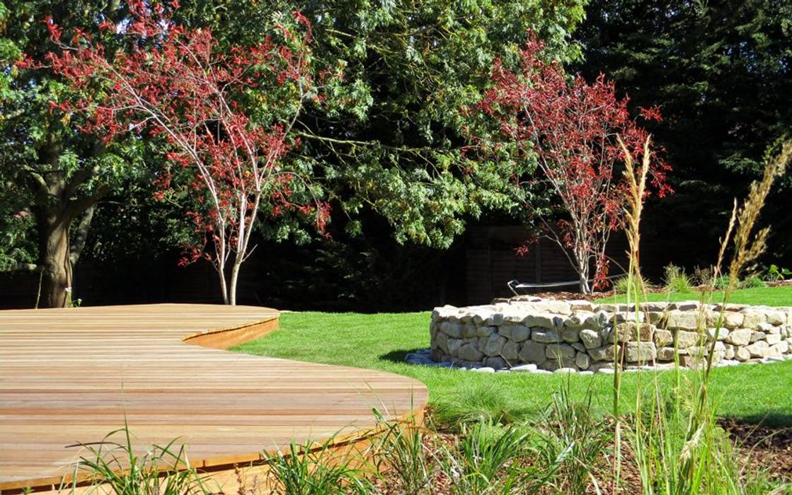 Curved Deck And Stone Fire Pit Country Style Garden By