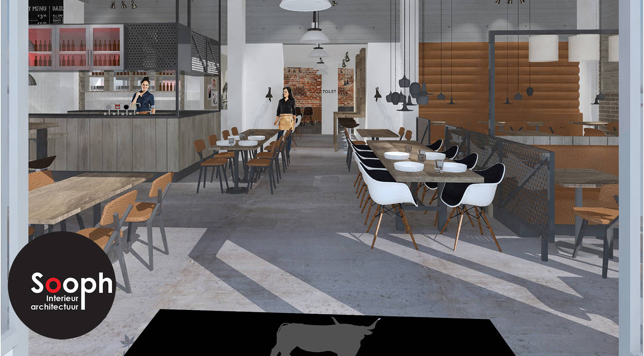 Triple B restaurant: 3D sfeerbeeld Sooph Interieurarchitectuur Bedrijfsruimten muurkunst,Gastronomie