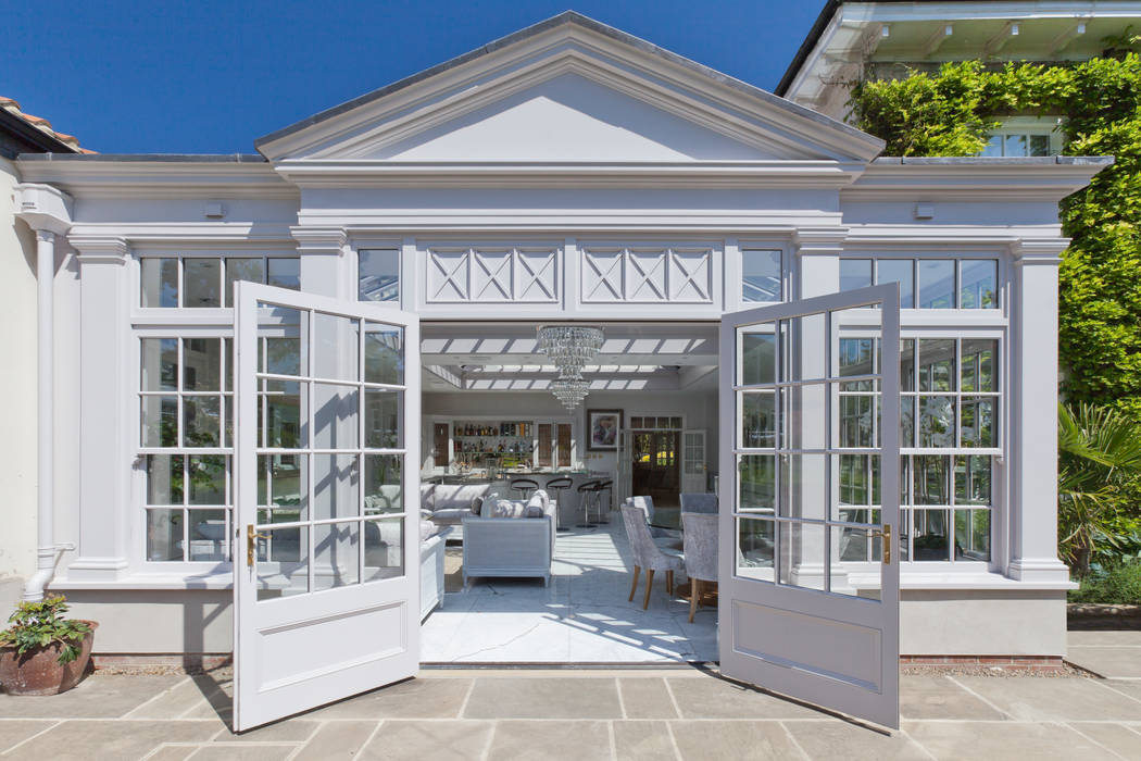 Twin roof lantern orangery homes a luxury kitchen Vale Garden Houses Classic style conservatory Wood Wood effect