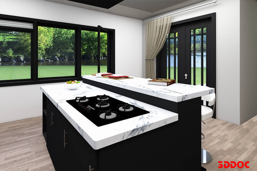 Keuken in donkere uitvoering. 3DDOC Moderne keukens donker,mat,zwart,marmer,wit,tegel,laminaat,hout