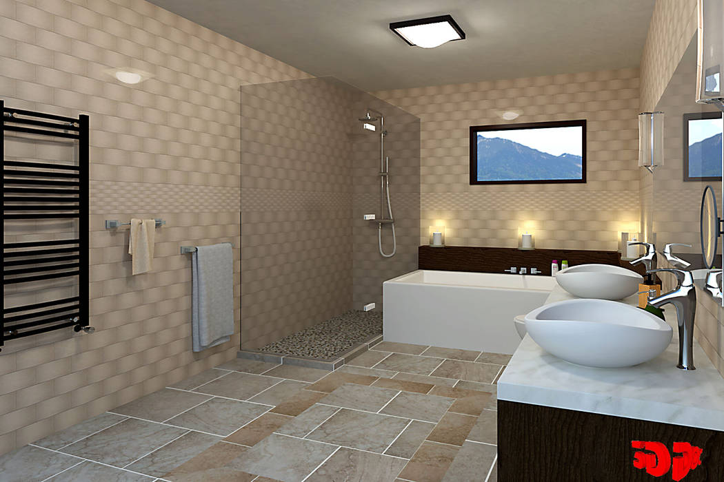 Moderne badkamer, zicht op douche. 3DDOC Moderne badkamers Spiegel,Badkamerkast,Sanitair armatuur,Tik,Wasbak,Verlichting,Het opbouwen van,Interieur ontwerp,Vloer,Vloeren