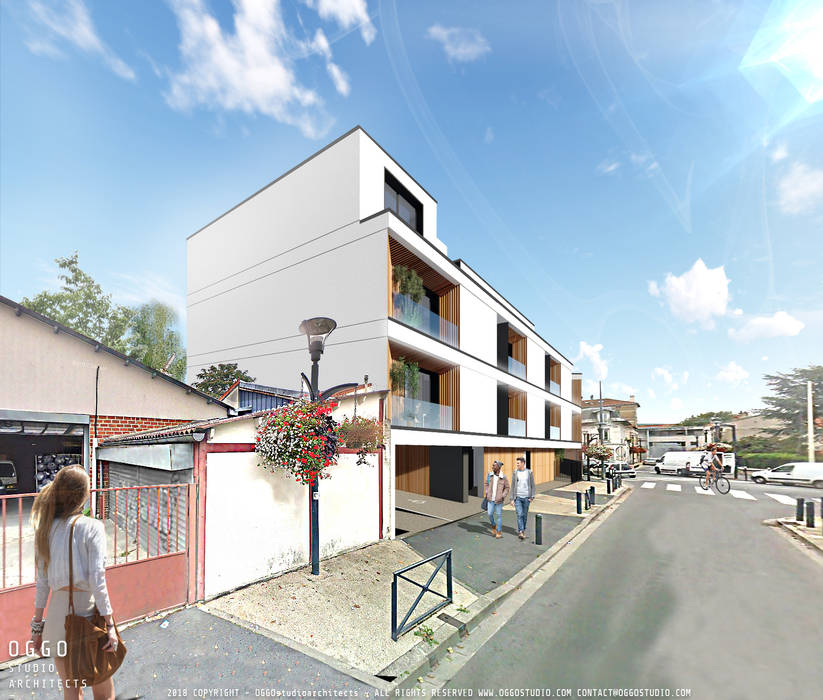Buildings' perspective OGGOstudioarchitects, unipessoal lda 二世帯住宅 木 木目調 Collective housing,France