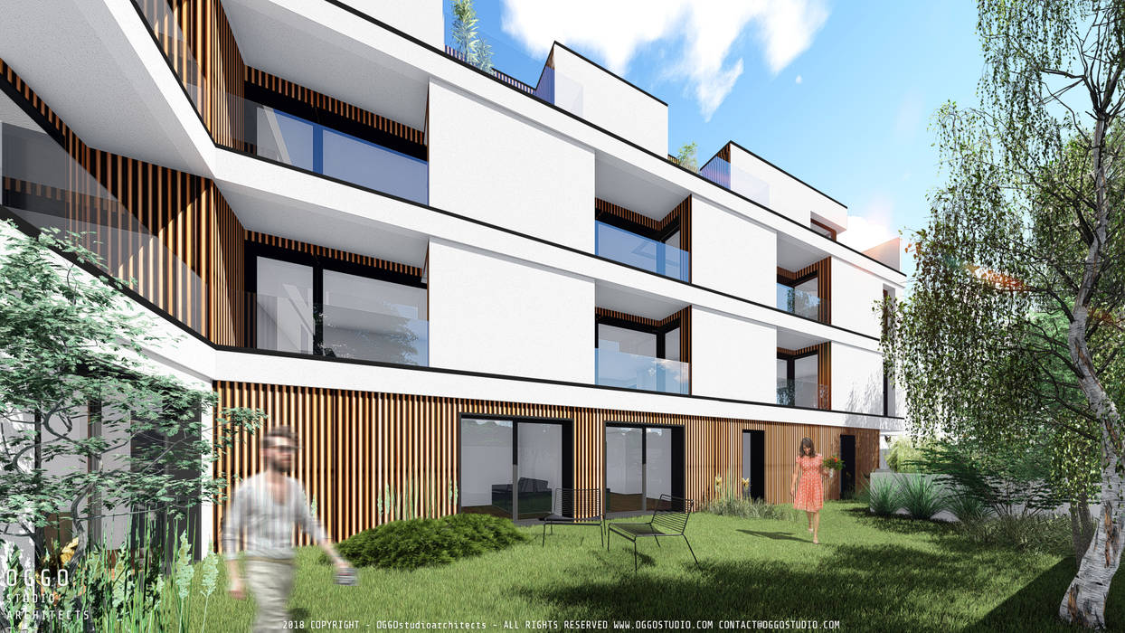 3D view OGGOstudioarchitects, unipessoal lda Multi-Family house Wood Wood effect Collective housing,slatted wood,France