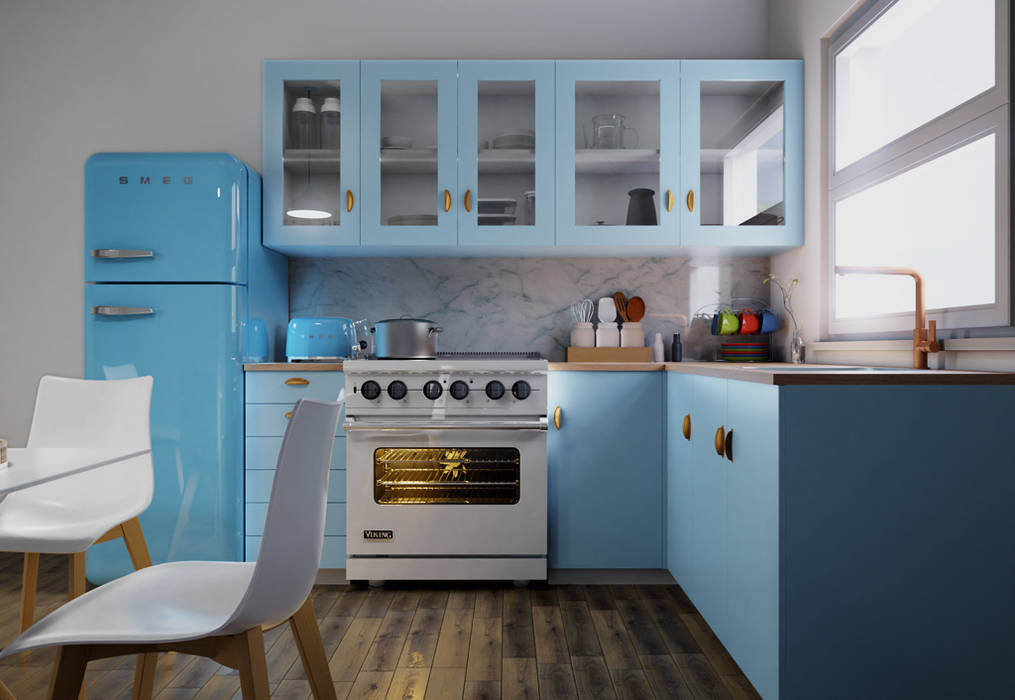 Mid Century Modern Kitchen, Zero Point Visuals Zero Point Visuals Kitchen kitchen,blue,retro,cosy,corner,wood flooring
