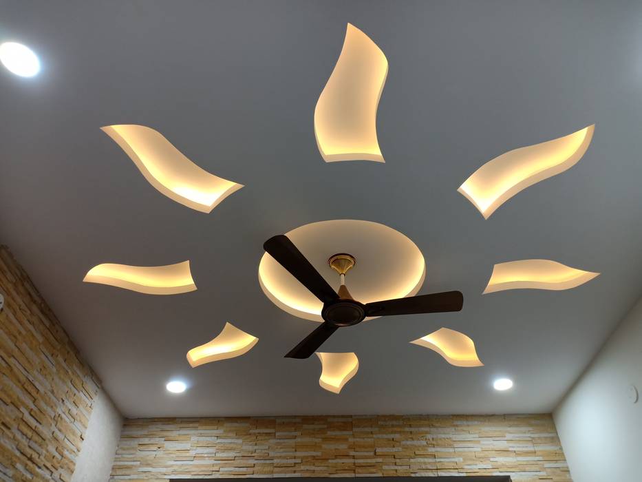 False ceiling Rohit Interiors Classic style living room Wood,Material property,Tints and shades,Art,Ceiling,Shade,Symmetry,Ceiling fixture,Building material,Metal