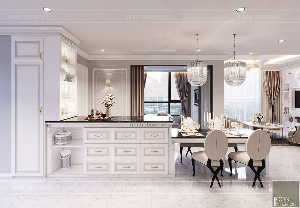 Thiết kế căn hộ Landmark 2 Vinhomes Central Park - Phong cách Tân Cổ Điển, ICON INTERIOR ICON INTERIOR Phòng ăn phong cách kinh điển