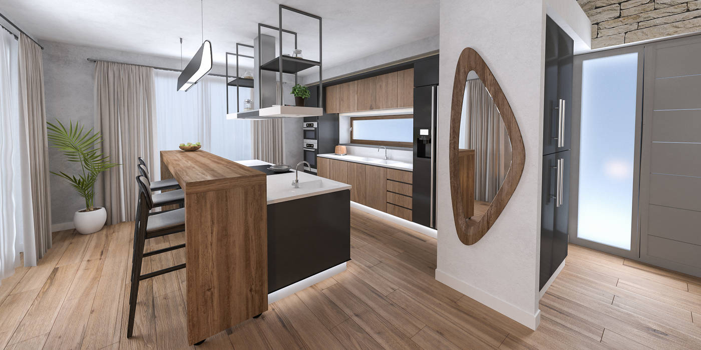 Progetto villa smart, studiosagitair studiosagitair Cucina moderna cucina con isola,specchio,pavimento in legno
