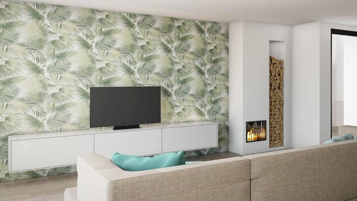 Zona de Tv e lareira Alma Braguesa Furniture Salas de estar mediterrânicas Aglomerado móvel tv,lareira,sofá confortável