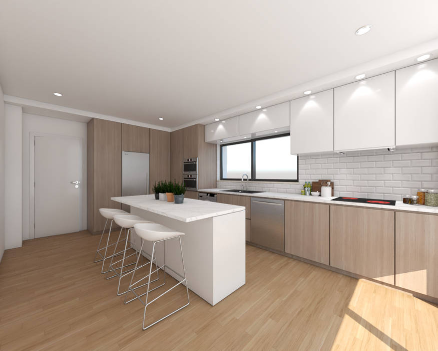 Cozinha em Alcainça | Projecto 3D, DR Arquitectos DR Arquitectos Cozinhas minimalistas Propriedade,Mesa,Mobiliário,Armários,Bancada,Construção,Cozinha,Iluminação,Madeira,casa