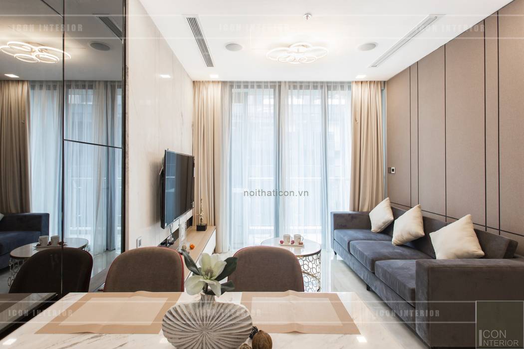 Thi công nội thất căn hộ Aqua 1 Vinhomes Golden River - Phong cách hiện đại, ICON INTERIOR ICON INTERIOR モダンデザインの リビング