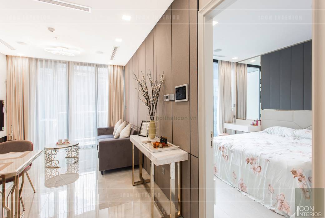 Thi công nội thất căn hộ Aqua 1 Vinhomes Golden River - Phong cách hiện đại, ICON INTERIOR ICON INTERIOR モダンスタイルの寝室