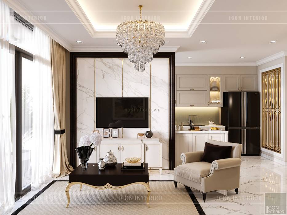 Phong cách Tân Cổ Điển trong thiết kế nội thất căn hộ Vinhomes , ICON INTERIOR ICON INTERIOR Phòng khách phong cách kinh điển