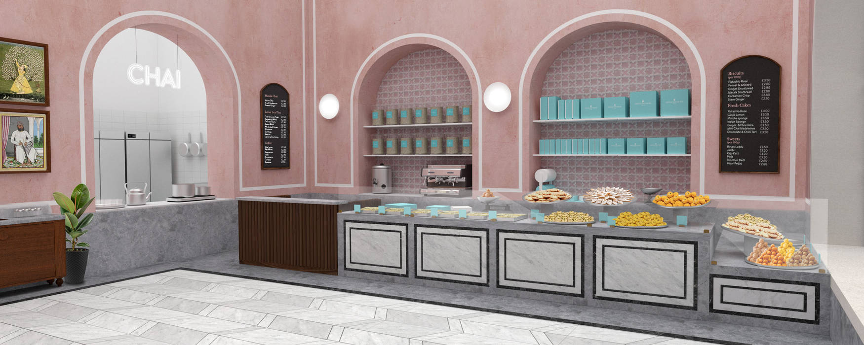 Pistachio Rose - Bakery & Cafe - Counter Lunar Lunar Commercial spaces counter,marble,wood,render,stone,lighting,kitchen,display,bakery,tiles,shelves,custom-made shelves,Gastronomy