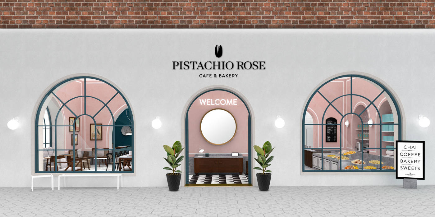 Pistachio Rose - Bakery & Cafe - Entrance Lunar Lunar Commercial spaces Exterior,entrance,crittall,plants,doors,signage,brand,render,marble,Gastronomy