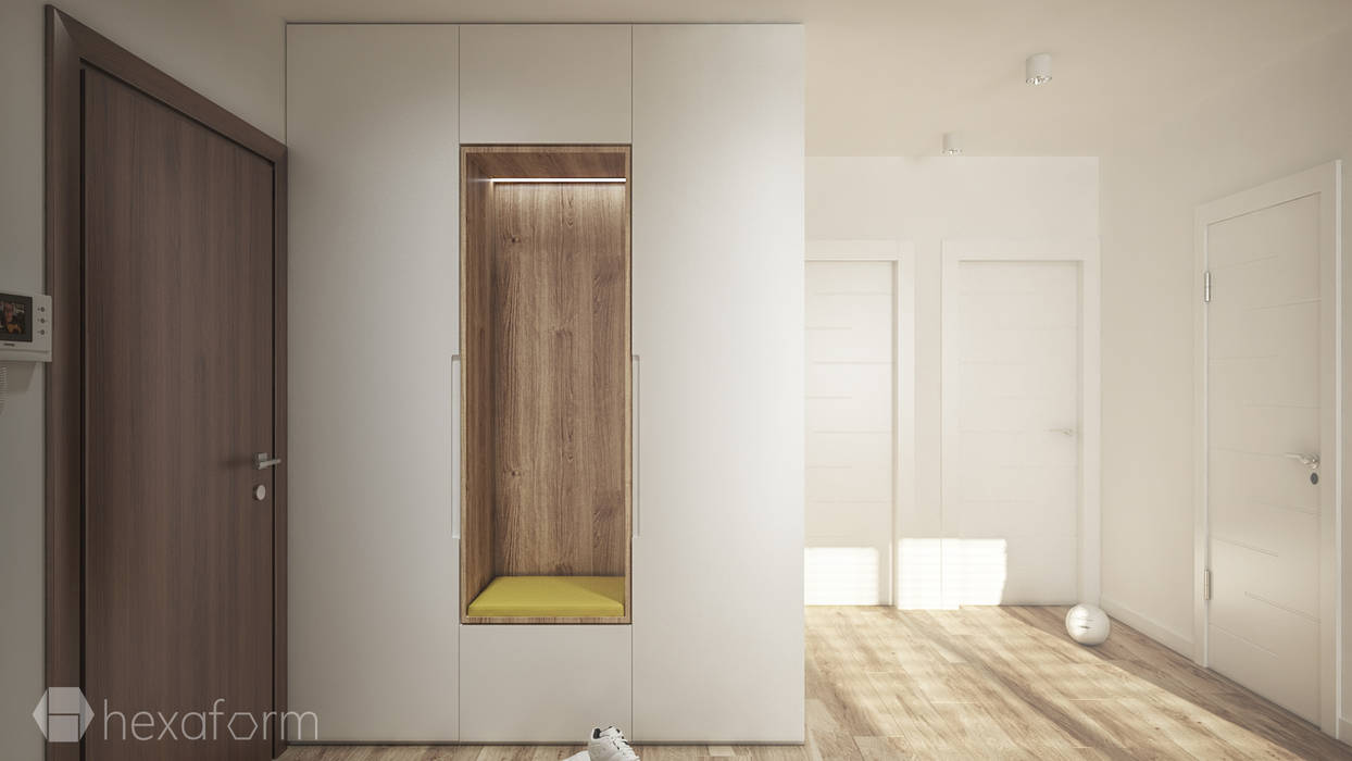 Mieszkanie 60 m2, hexaform - projektowanie wnętrz hexaform - projektowanie wnętrz Minimalist corridor, hallway & stairs