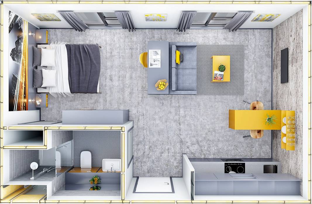 Plan view of studio Apartment CRISP3D モダンスタイルの寝室 レンガ internalCGI,visualisation,CGI,3dvisualisation,studio