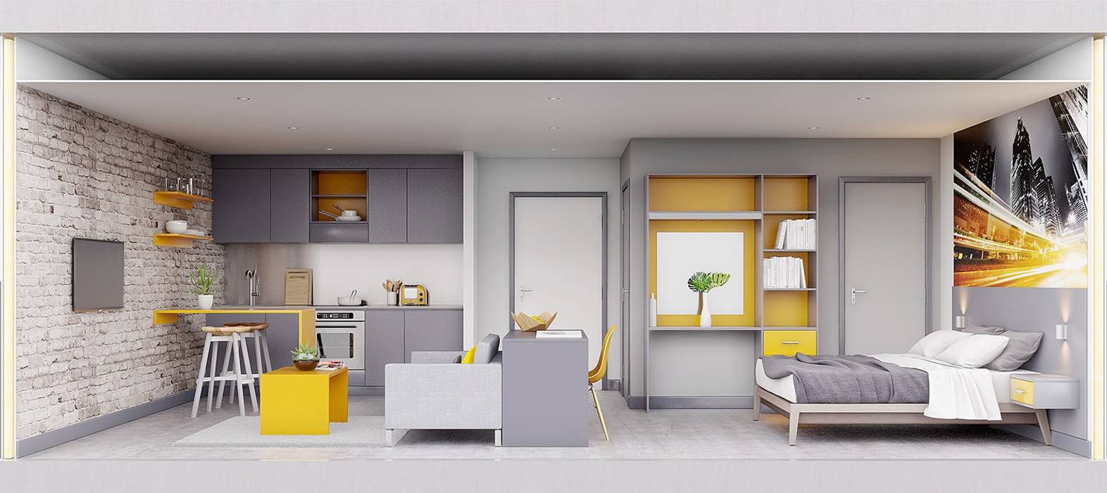 Section View of studio apartment CRISP3D Chambre moderne Briques visualisation,3dvisual,3dimages,CGI