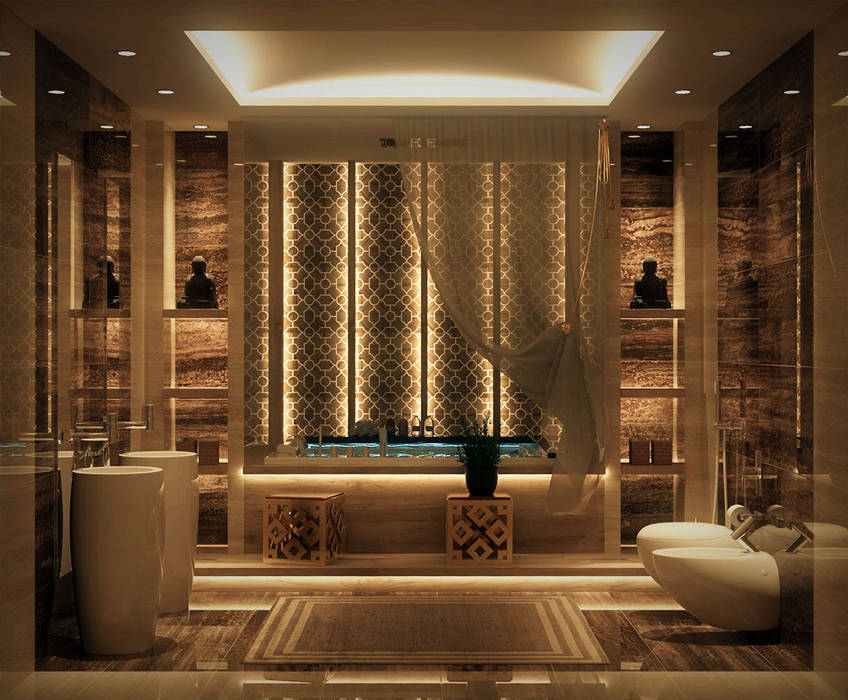Different ideas for bath room decorations with castle كاسل للإستشارات الهندسية وأعمال الديكور والتشطيبات العامة حمام MDF إضاءة