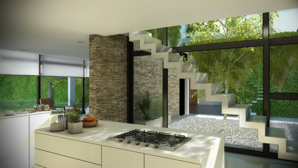 DEsde la cocina mirando el patio de acceso , desde aca se ve toda la casa y sus movimientos Rr+a bureau de arquitectos - La Plata Cocinas de estilo moderno Piedra