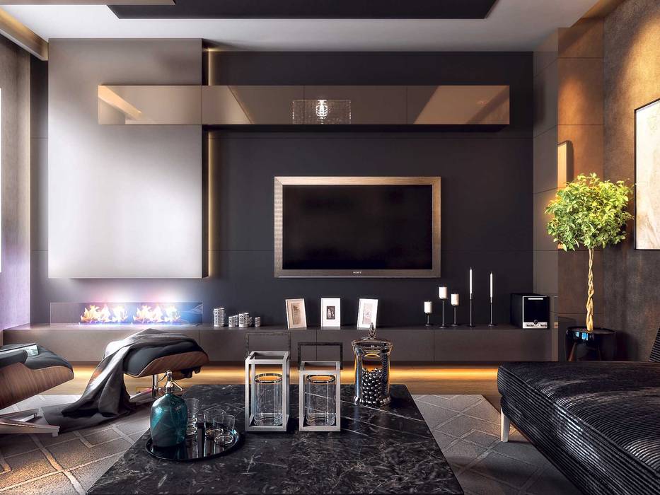 Tv Ünitesi ANTE MİMARLIK Modern Oturma Odası Siyah iç mekan tasarım,konut tasarım,oturma odası,şömine,lake kaplama
