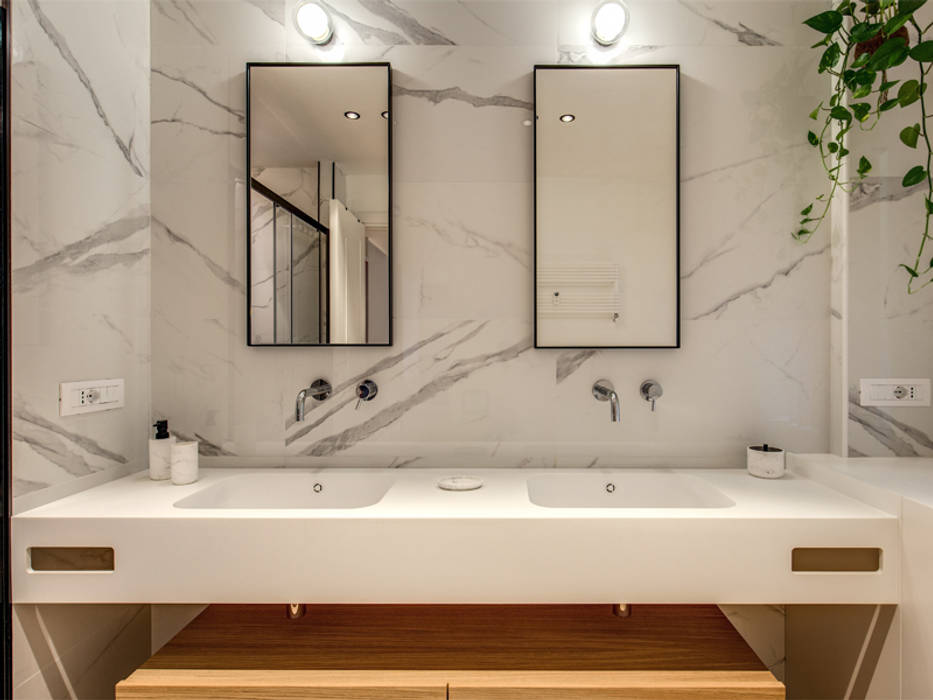 MONTEFALCO, MOB ARCHITECTS MOB ARCHITECTS Bagno moderno MARMO BIANCO,SPECCHIO,LEGNO,LAVANDINO,LAMPADA