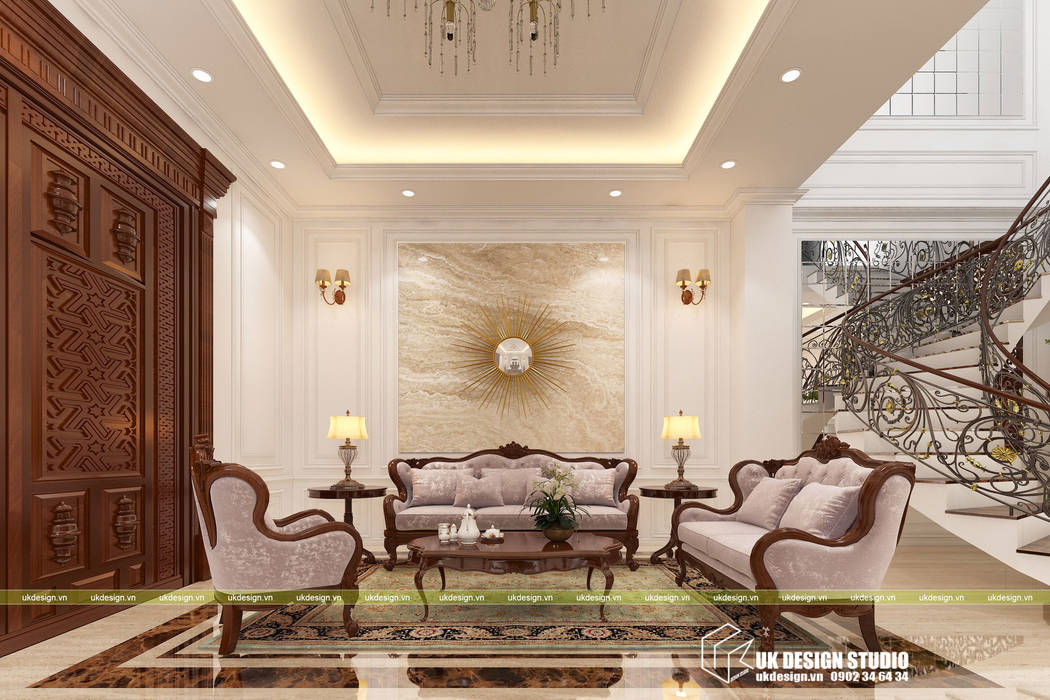 Thiết kế nội thất phòng khách UK DESIGN STUDIO - KIẾN TRÚC UK Phòng khách phong cách kinh điển Thiết kế phòng khách