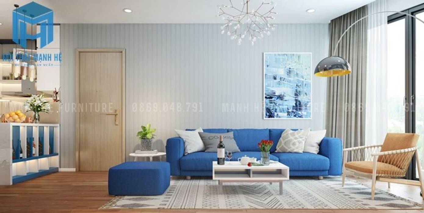Bộ ghế sofa nệm chân gỗ màu xanh được đặt ngay trung tâm phòng khách Công ty Cổ Phần Nội Thất Mạnh Hệ Phòng khách