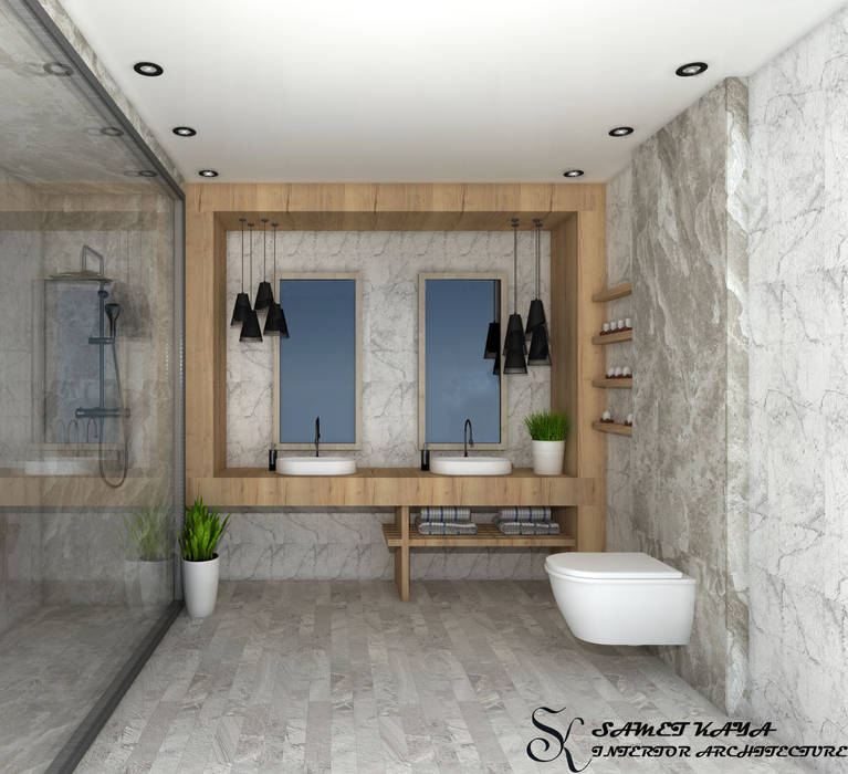 Bodrum Villa Projesi SKY İç Mimarlık & Mimarlık Tasarım Stüdyosu Modern Banyo çiftlavabo,ikiz lavabo,lavabo,banyo,banyozemini,seramik,klozet,duşakabin,musluk,ayna,avize