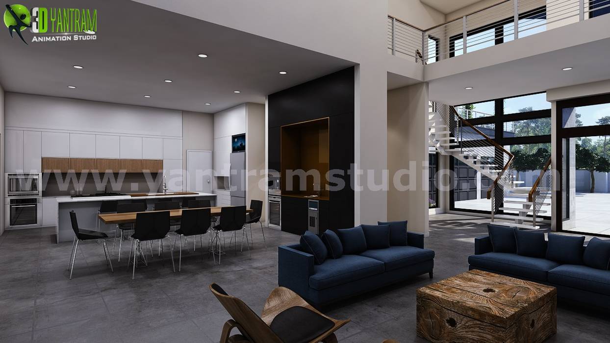 Ulra Modern 3d Interior Walkthrough Kitchen With Living Room Design Yantram Architectural Design Studio Living Roomaccessories Decoration White Homify