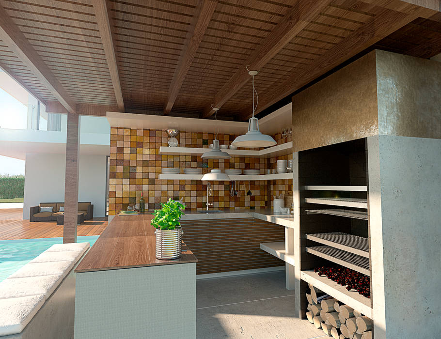 Modelo 5 homify Balcones y terrazas modernos quincho,patio,techo de madera,parrilla