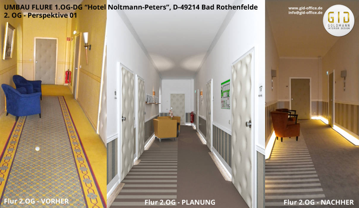 Innenarchitektonische Umgestaltung von Fluren im Hotel NP - Bad Rothenfelde, GID / GOLDMANN-INTERIOR-DESIGN GID / GOLDMANN-INTERIOR-DESIGN