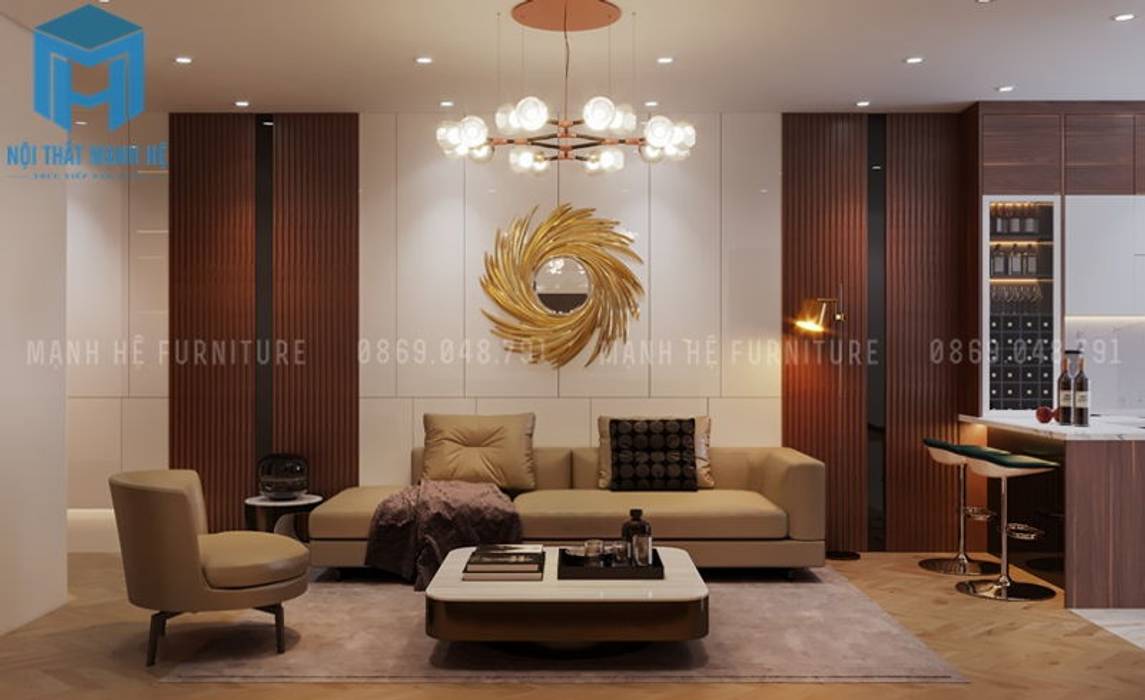 Bộ ghế sofa nệm khung gỗ màu vàng nhạt được đặt nhay trung tâm của căn phòng Công ty Cổ Phần Nội Thất Mạnh Hệ Phòng khách