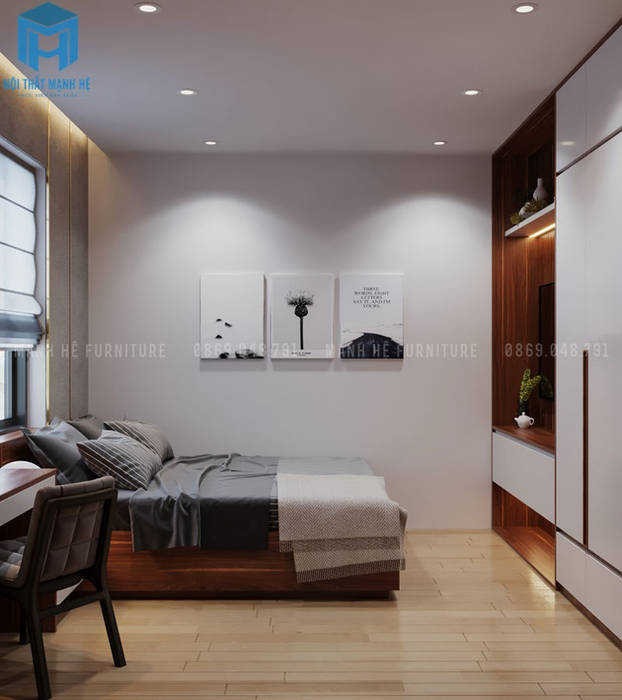 Nội thất phòng ngủ master khá đơn giản với tủ đựng đồ, giường ngủ, bàn trang điểm cùng 3 bức tranh nghệ thuật treo trên tường Công ty Cổ Phần Nội Thất Mạnh Hệ Phòng ngủ phong cách hiện đại