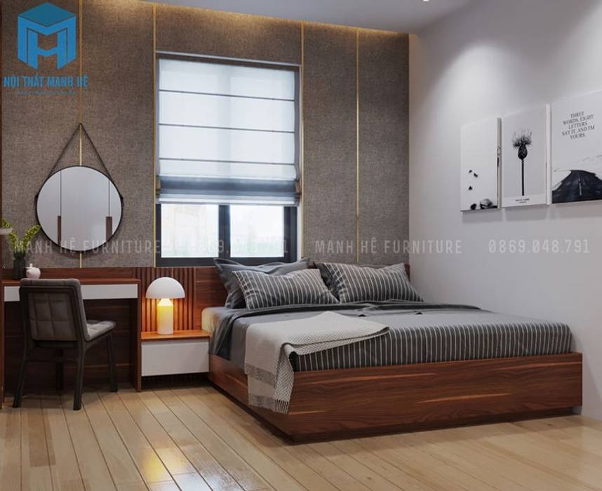 Phòng ngủ master được bố trí chiếc giường ngủ bằng gỗ tự nhiên khá thân thiện với ngôi nhà Công ty Cổ Phần Nội Thất Mạnh Hệ Phòng ngủ phong cách hiện đại