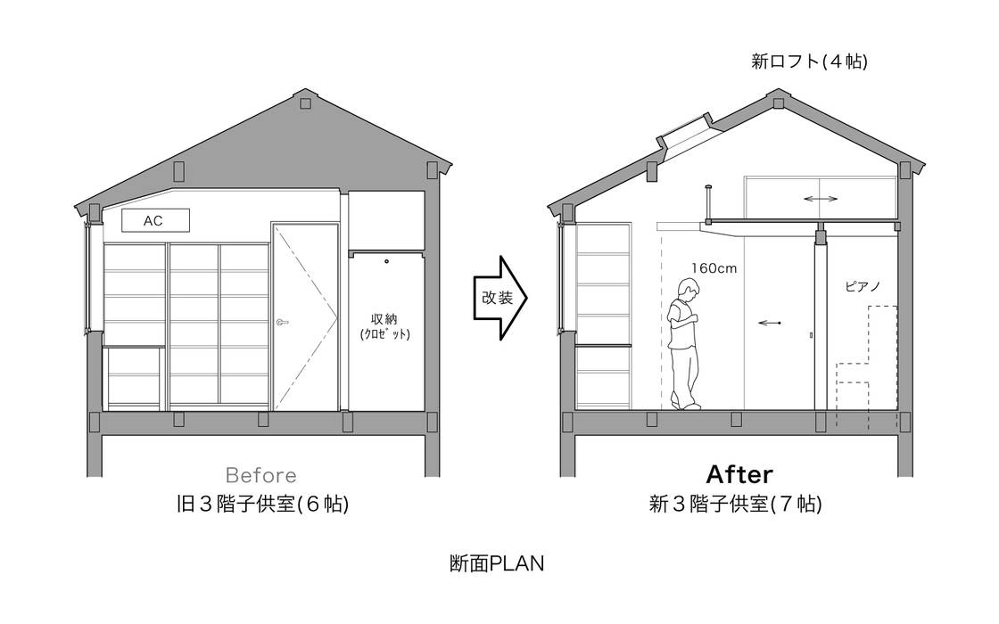 断面PLAN 一級建築士事務所 ネストデザイン 女の子部屋 スロープ,矩形,建物,平行,ファサード,フォント,家,パターン,プラン,ダイアグラム