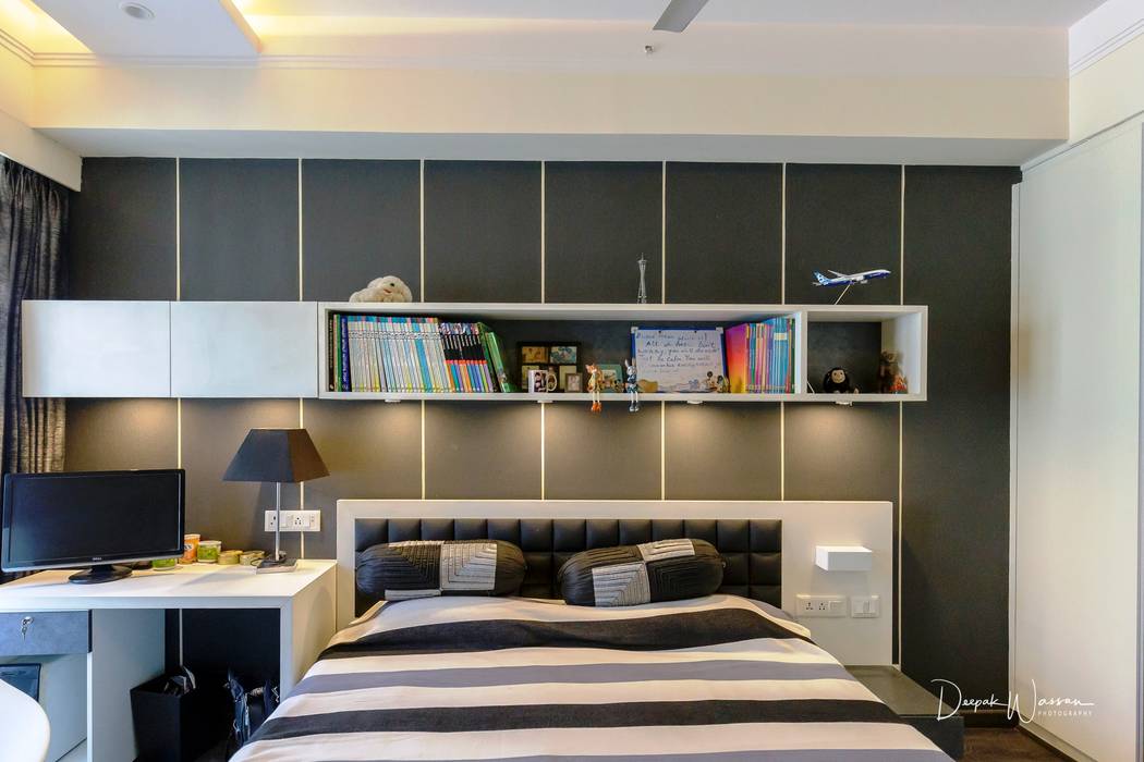 Son's Bedroom - Residence at The Belaire, Golf Course Road The Workroom Minimalist bedroom grey bedroom,grey and white,minimalistic bedroom,contemporary