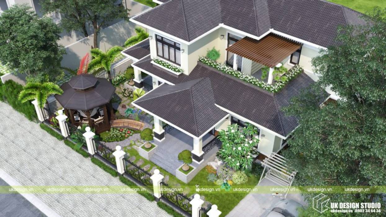 THIẾT KẾ BIỆT THỰ SÂN VƯỜN MÁI THÁI 500M2, UK DESIGN STUDIO - KIẾN TRÚC UK UK DESIGN STUDIO - KIẾN TRÚC UK Villas