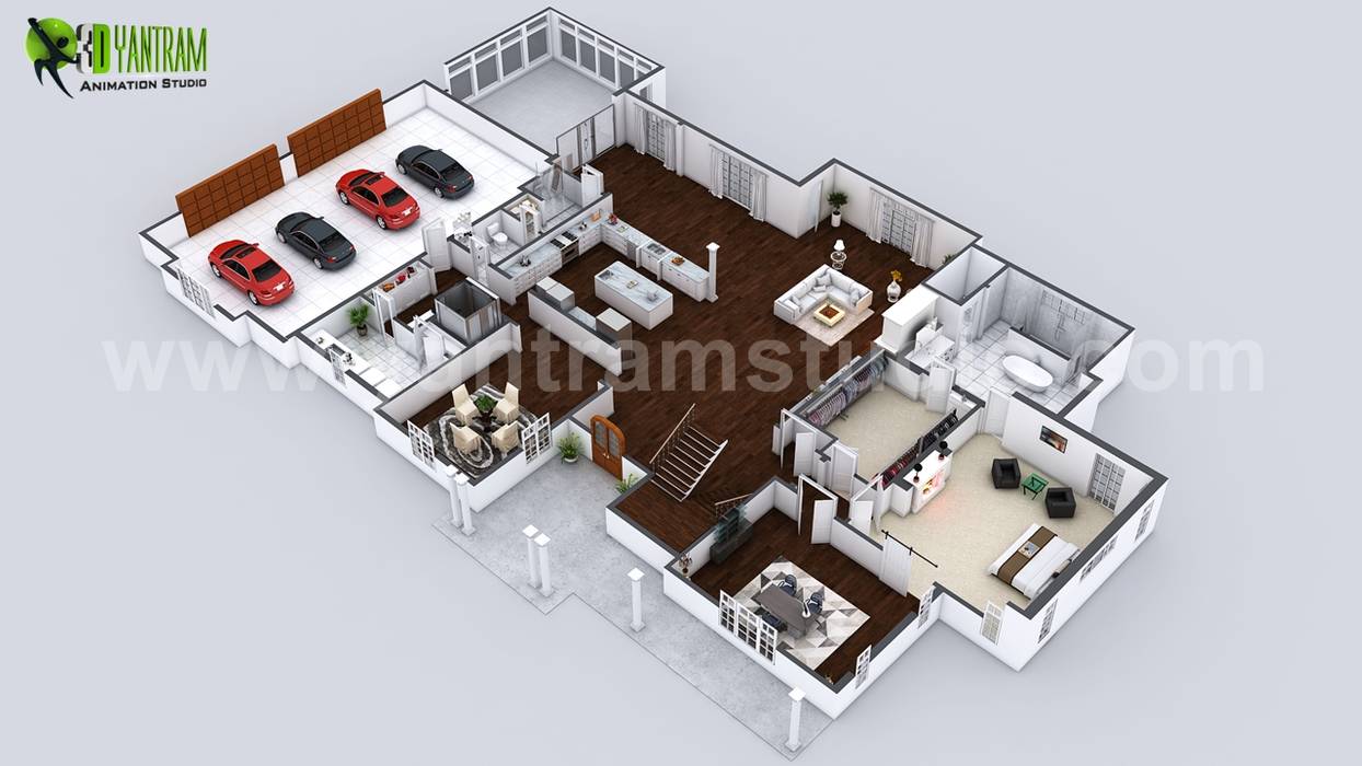 Beautiful Modern 3D Home Virtual Floor Plan Developed by Yantram Architectural and Design Services, London - UK Yantram Animation Studio Corporation 3d floor plan,virtual floor Plan,master bedroom,bathroom,island kitchen,dining table,living room,wooden flooring,modern,walk in shower,coffee table,modern bathtub