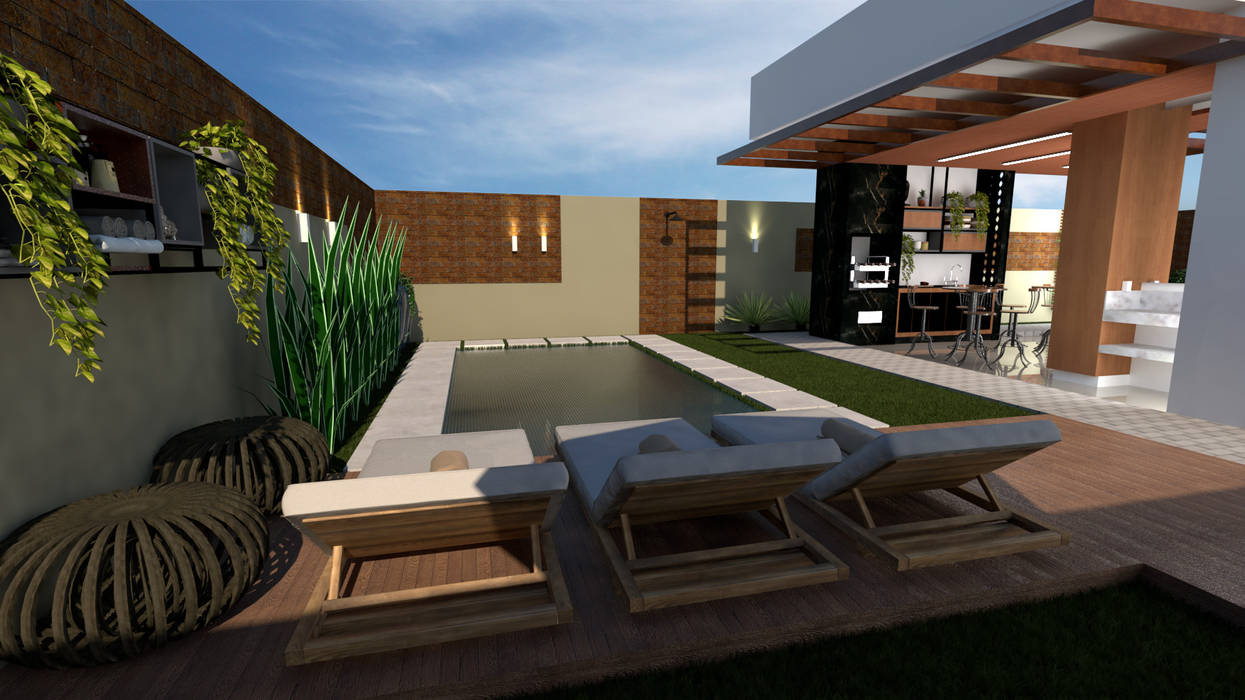 CASA RESIDENCIAL CONTEMPORÂNEA, Traço B Arquitetura Traço B Arquitetura مسبح حديقة