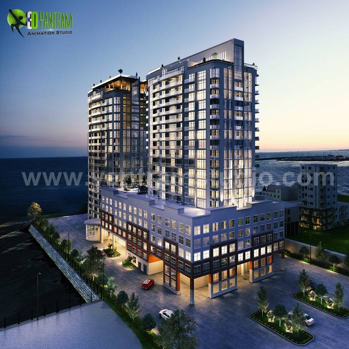 3D Exterior Modeling Of A New High-Rise Luxury Building Developed by Yantram 3D Architectural Visualisation, Vancouver - Canada Yantram Animation Studio Corporation Bungalows 3d exterior modeling,Architectural Design,3D Animation Studio,high rise building,modern,luxurious,visualization,rendering,Services,Companies,Dusk View,night lighting