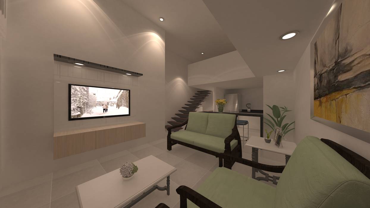 ​| PROYECTO LOFT | - Vista Sala - Escalera Giovanna Solano - DLuxy Muebles Design Salas multimedia de estilo clásico Aglomerado