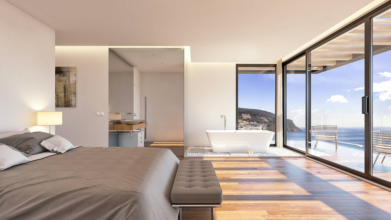 CASA SP1 - Moradia em Sesimbra, Traçado Regulador. Lda Traçado Regulador. Lda Camera da letto moderna Legno Effetto legno