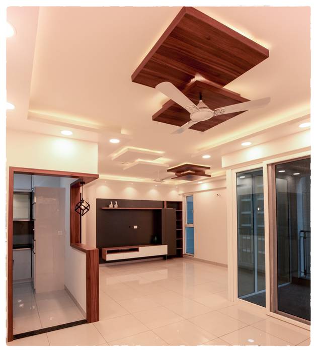 Full view of the Living room with the TV Unit & False Ceiling in it ! Studio Ipsa Modern living room living room,dining room,pass through window,wooden panelling,tv Unit,balcony,new home,budget interiors