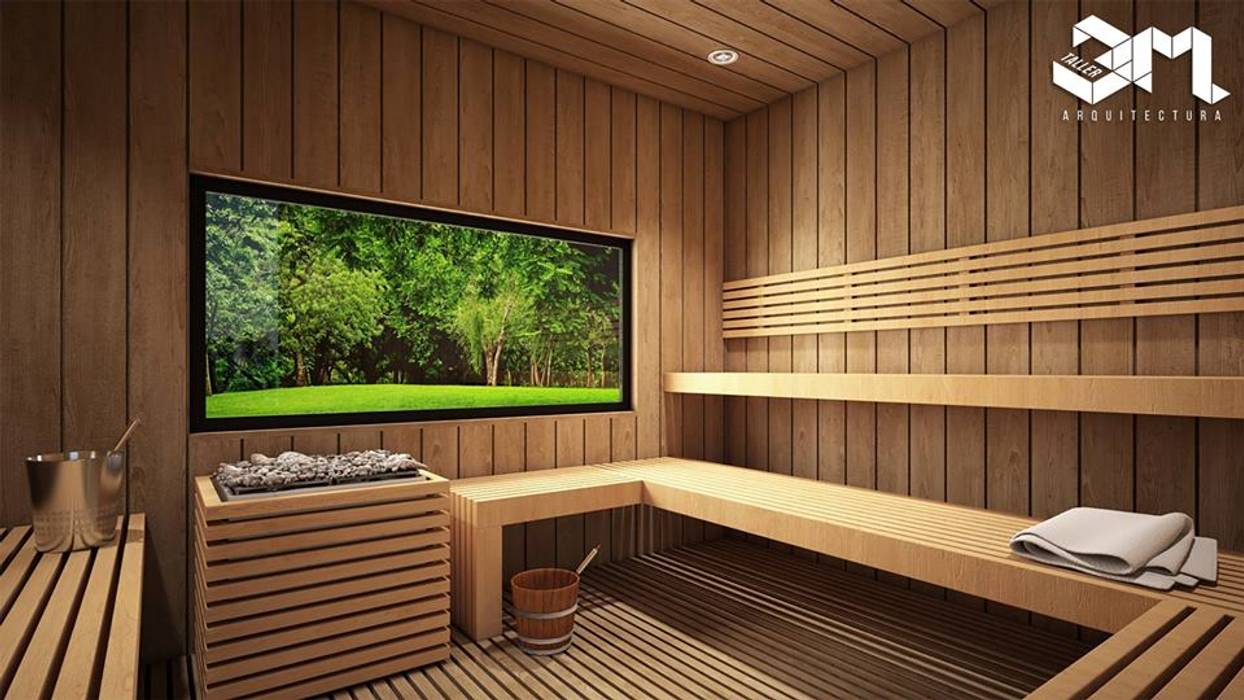 Proyecto BRISAS DEL RÍO - República Dominicana, Taller 3M Arquitectura & Construcción Taller 3M Arquitectura & Construcción Sauna لکڑی Wood effect