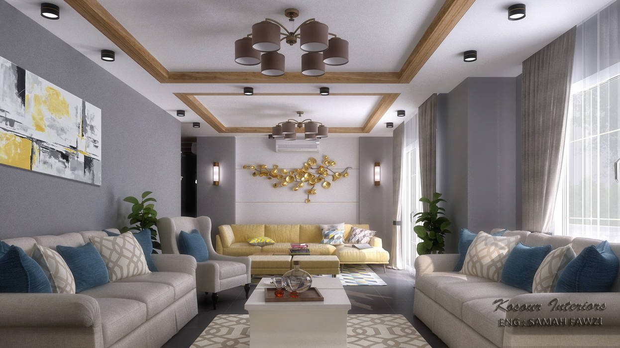 تصميم ريسيبشن بشقة في كومباوند, KOSOUR INTERIORS KOSOUR INTERIORS Salas de estilo mediterraneo