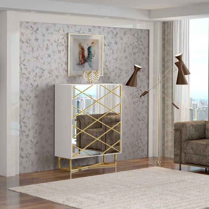 Móvel alto em lacado, espelho e inox dourado. Cabinet in lacquered, mirror and gold stainless steel. ABNER https://www.intense-mobiliario.com/pt/moveis-altos/16879-movel-alto-abner.html, Intense mobiliário e interiores Intense mobiliário e interiores Modern Living Room Cupboards & sideboards