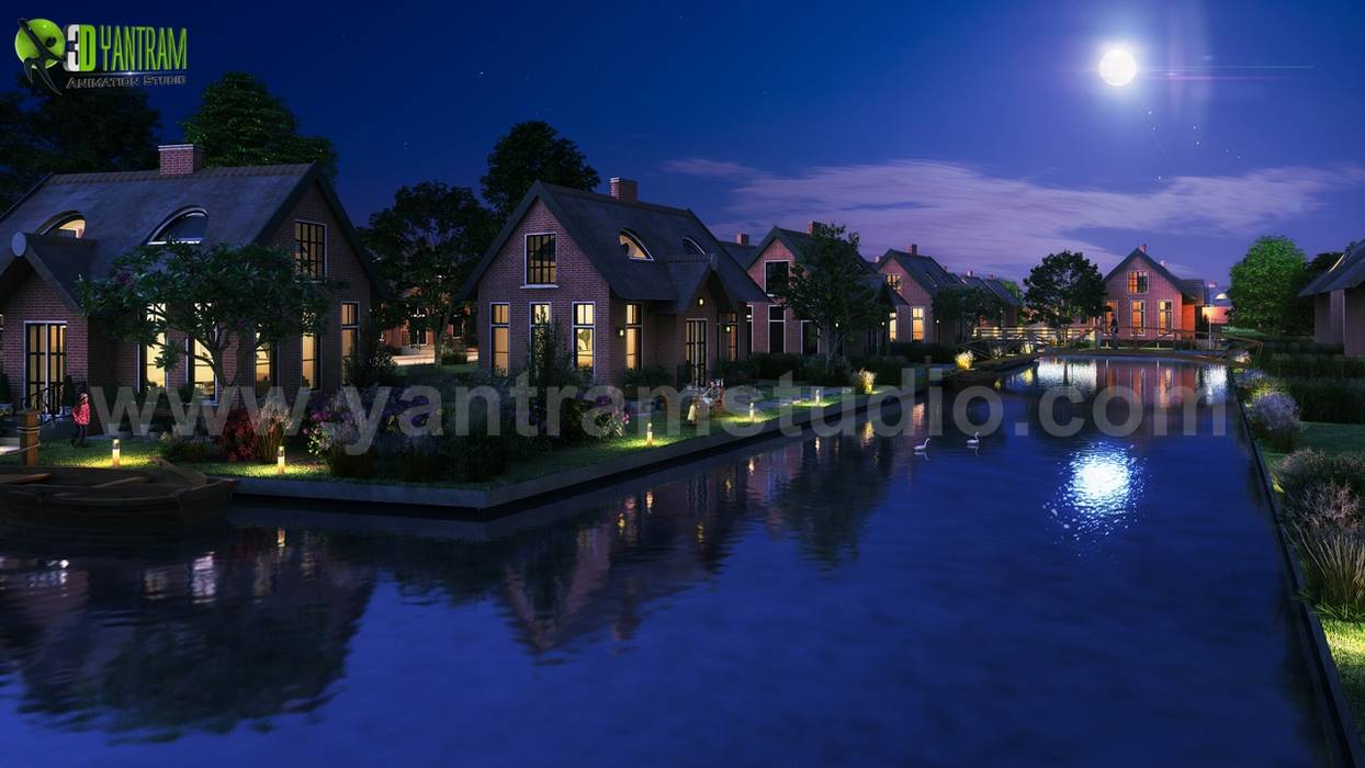 Romantic Night View of Waterside Villa 3D Exterior Modelling By Yantram 3D Animation Studio, Sydney-Australia Yantram Animation Studio Corporation Lagos e Lagoas de jardins architectural render,container house,evening,nightview,glasslighting,peaceful,place,amazing,fantastic,exterior