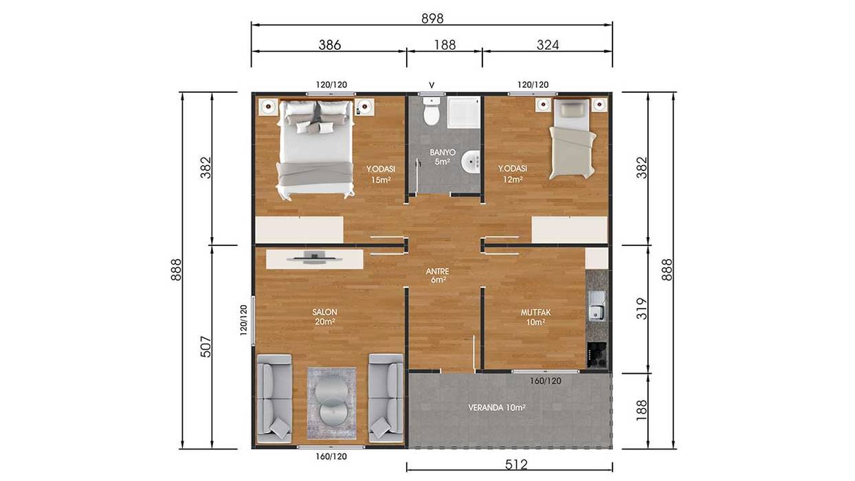 80 m² Süper Kampanyalı 3+1 Prefabrik Ev İdeal Ev (Prefabrik Evim) Prefabrik ev Yönlendirilmiş Yonga Levha