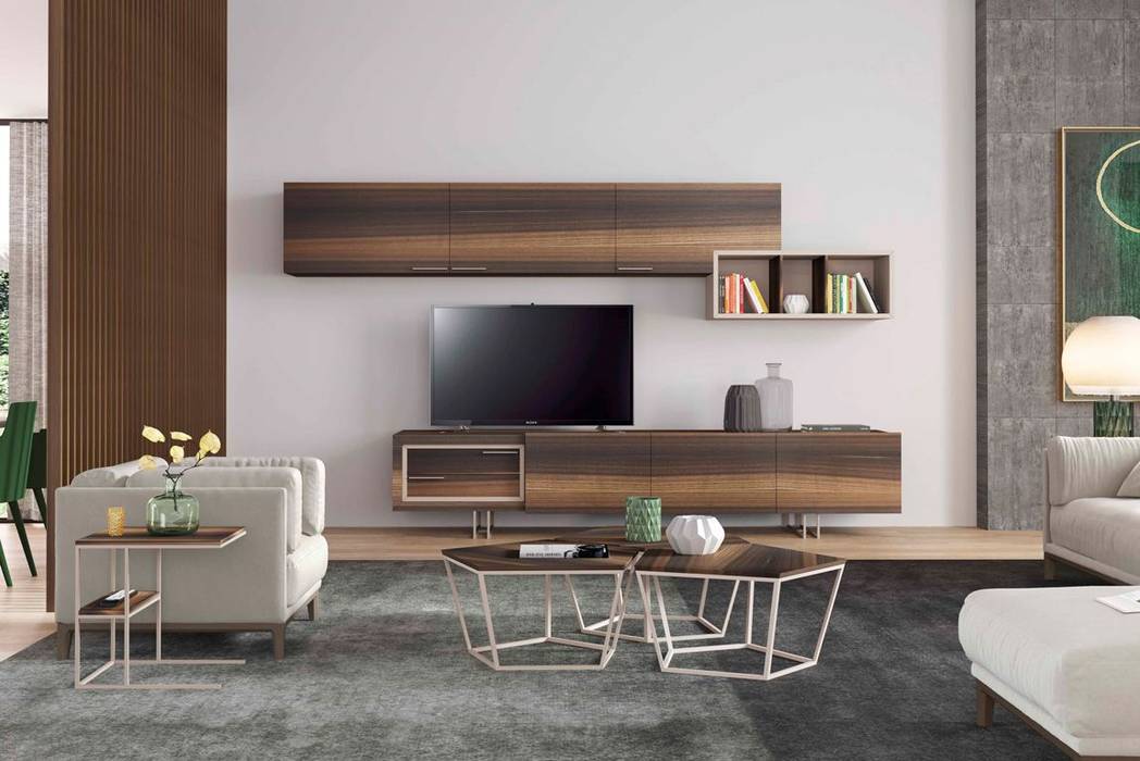 Sala de estar moderna Modern living room ALSIS https://www.intense-mobiliario.com/pt/salas-de-estar/18661-sala-de-estar-alsis.html, Intense mobiliário e interiores Intense mobiliário e interiores Living room Shelves